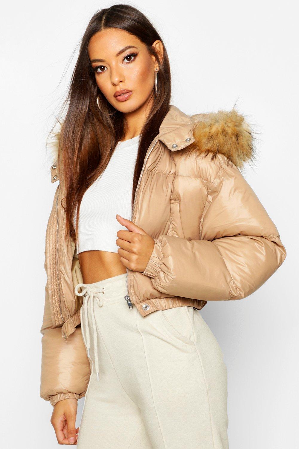 cropped puffer with fur hood