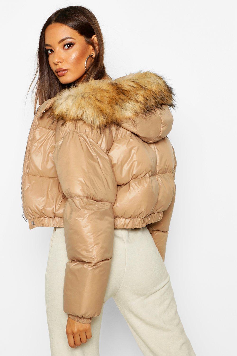 Cire crop faux fur hood puffer jacket new arrivals