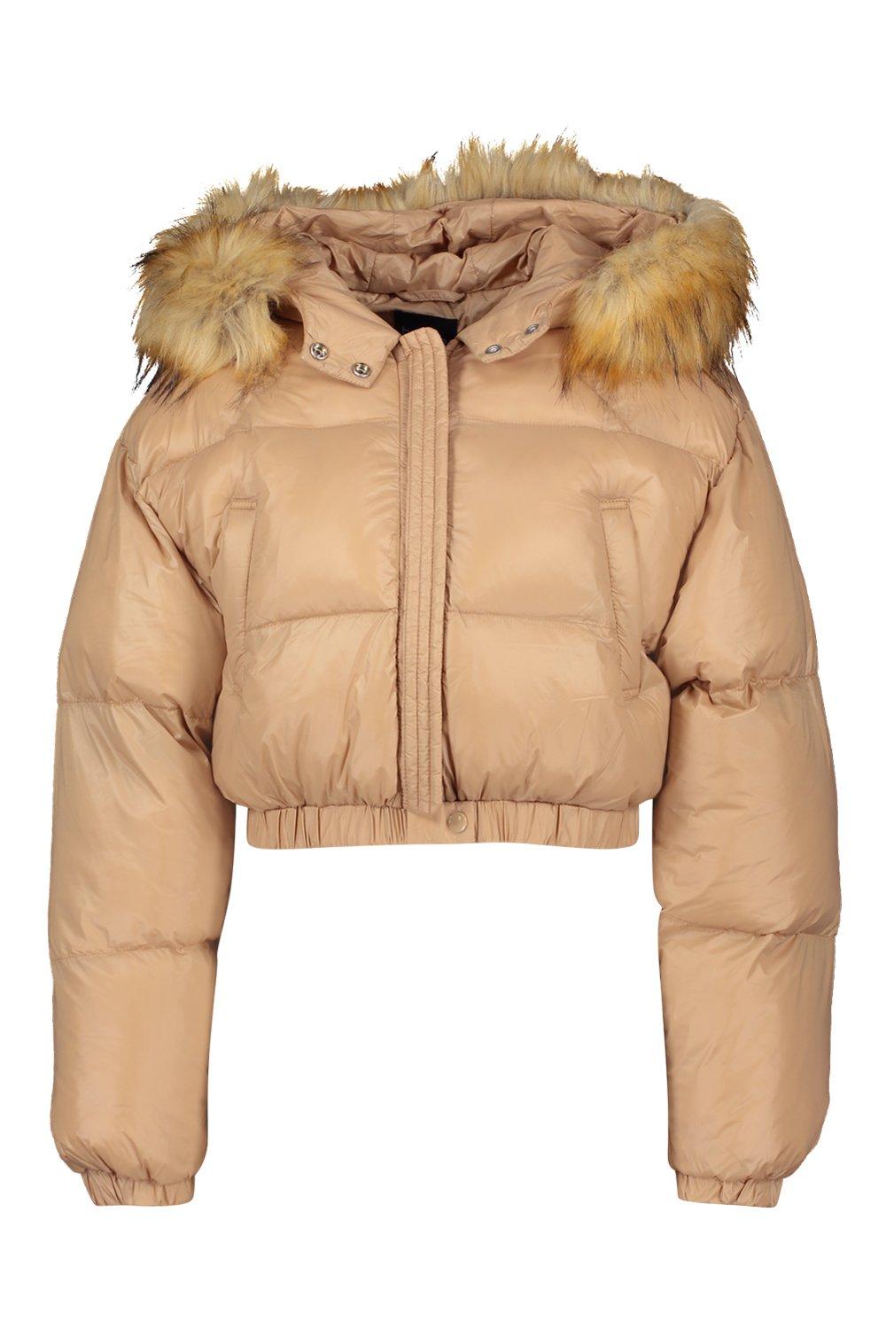 Cire crop faux fur hood cheap puffer jacket