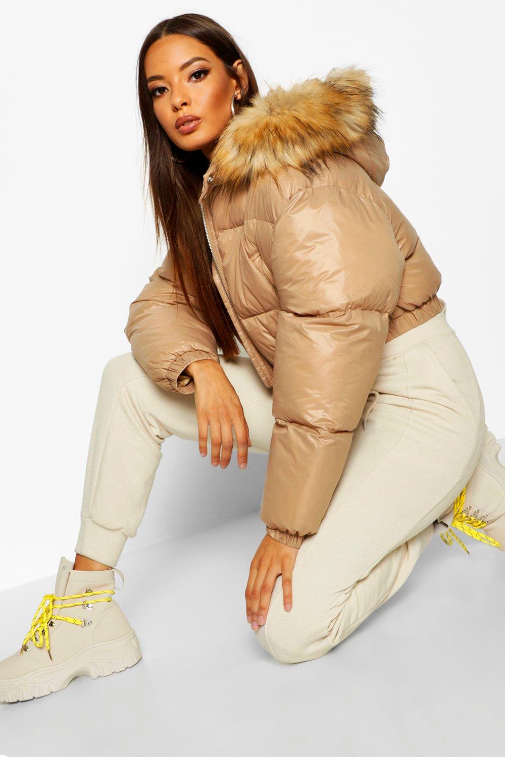 Cire crop faux store fur hood puffer jacket