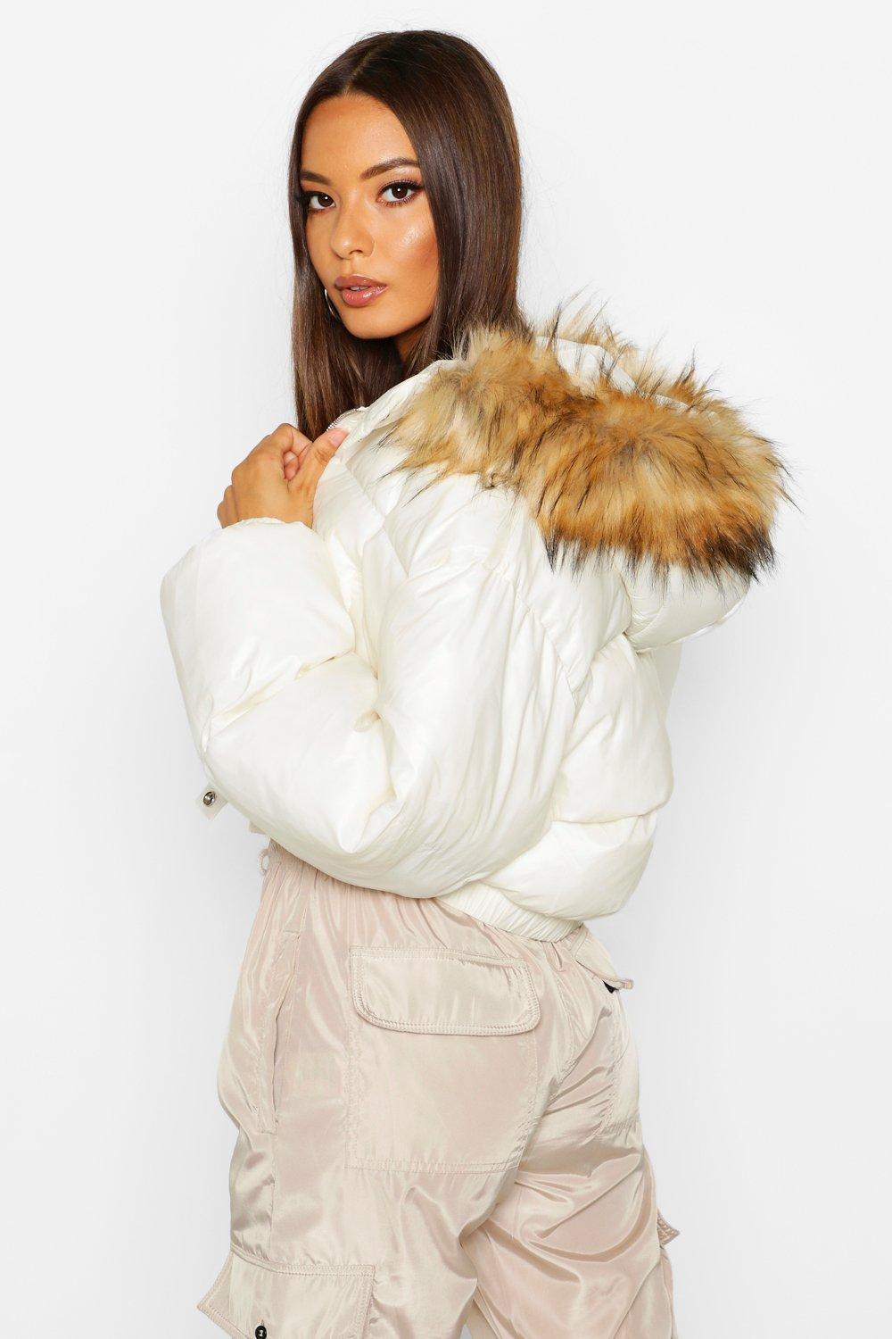 Cire Crop Faux Fur Hood Puffer Jacket