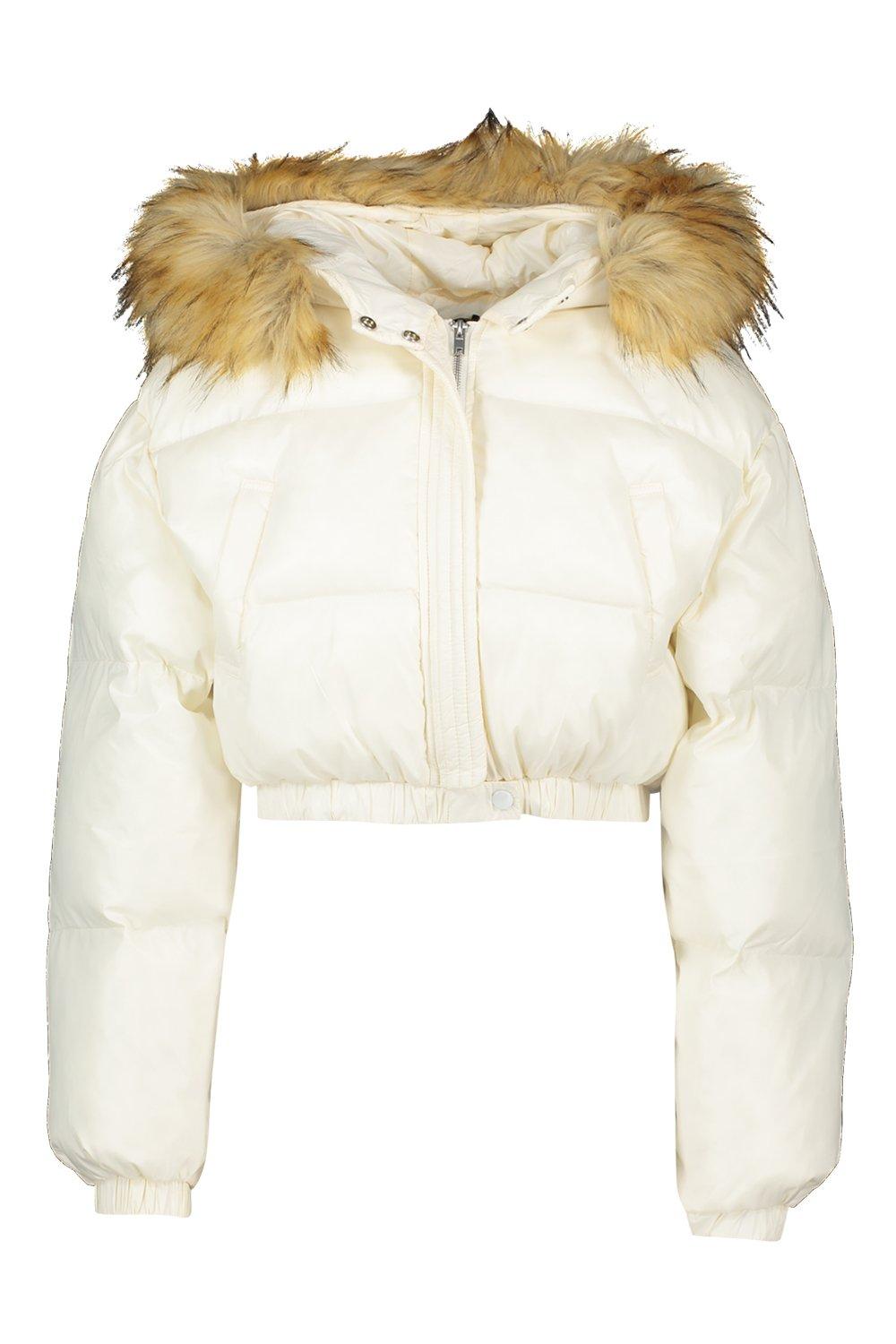 Women's Cire Crop Faux Fur Hood Puffer Jacket