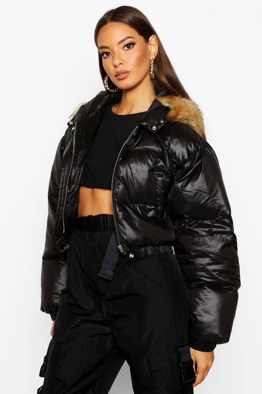 cropped faux fur jacket with hood