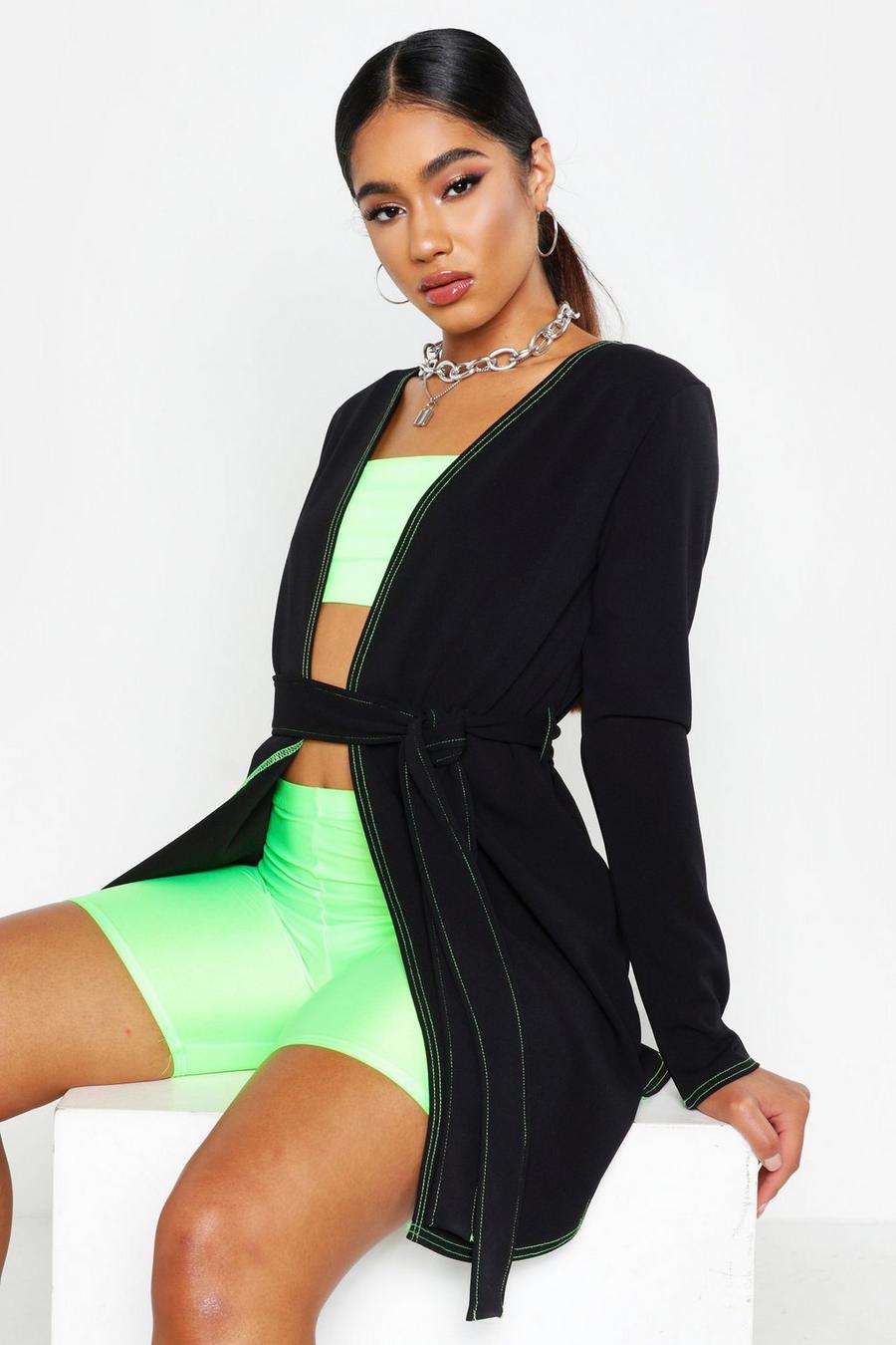 Contrast Neon Stitching Belted Kimono image number 1