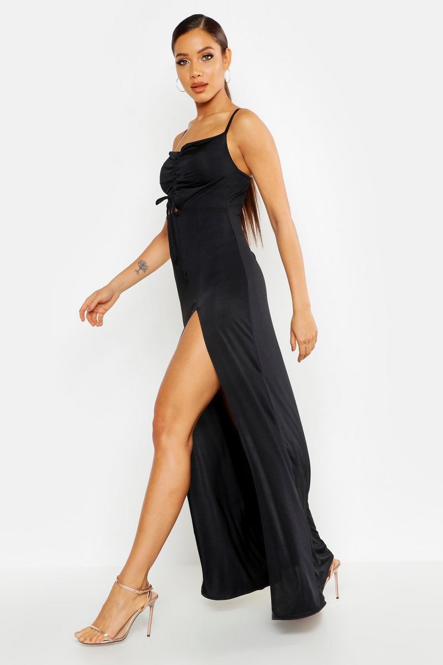 Black Strappy Rouche Front Split Maxi Dress image number 1