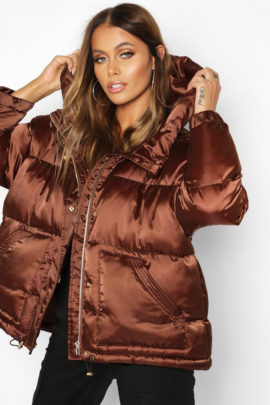 Chocolate Satin Hooded Puffer Jacket image number 1