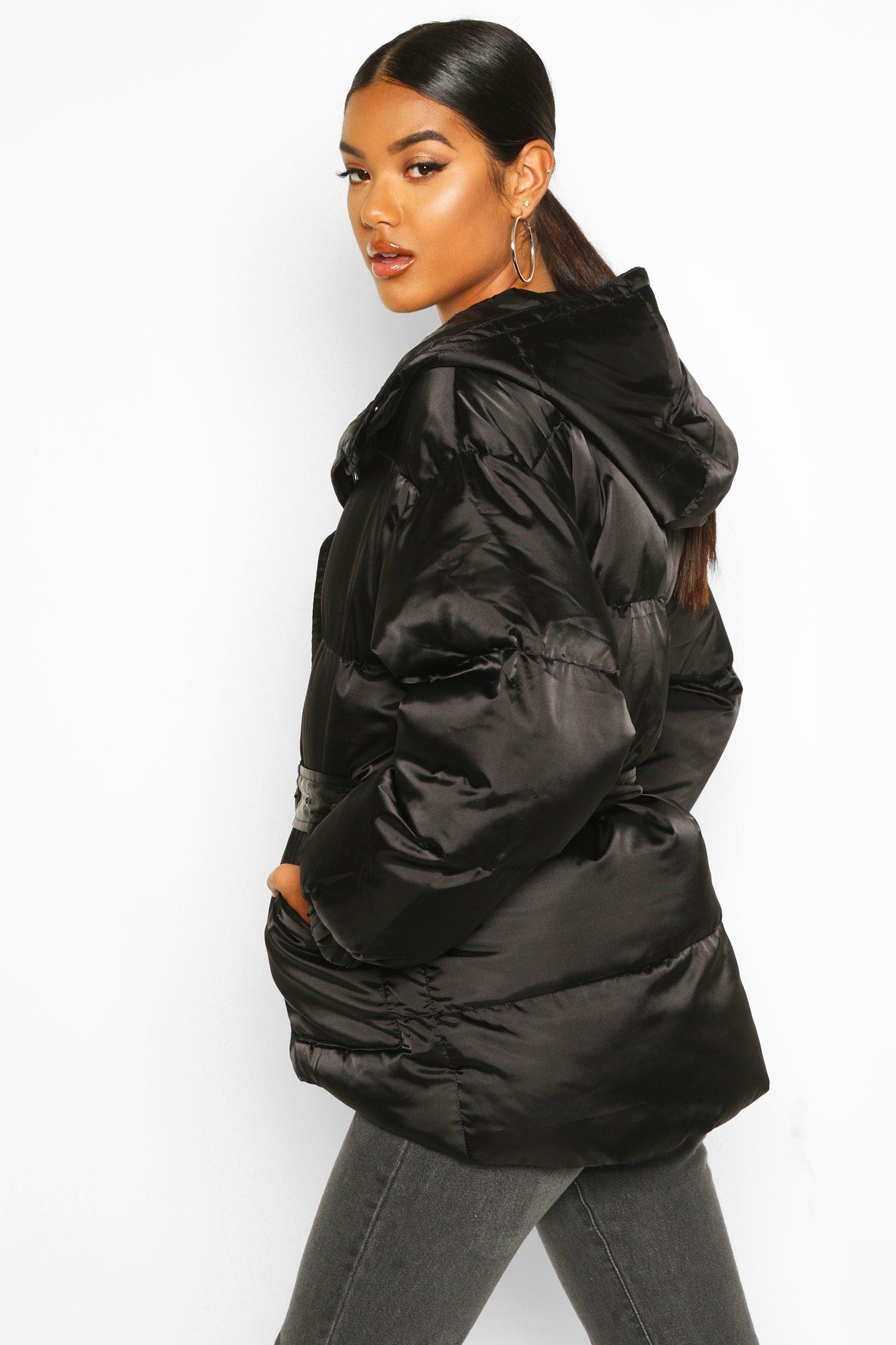 Boohoo belted satin quilted coat sale