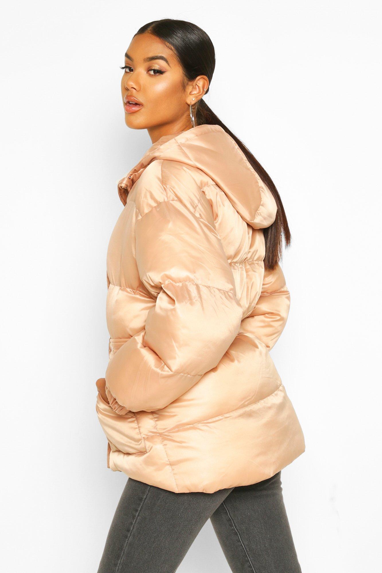 Boohoo belted satin 2025 quilted coat