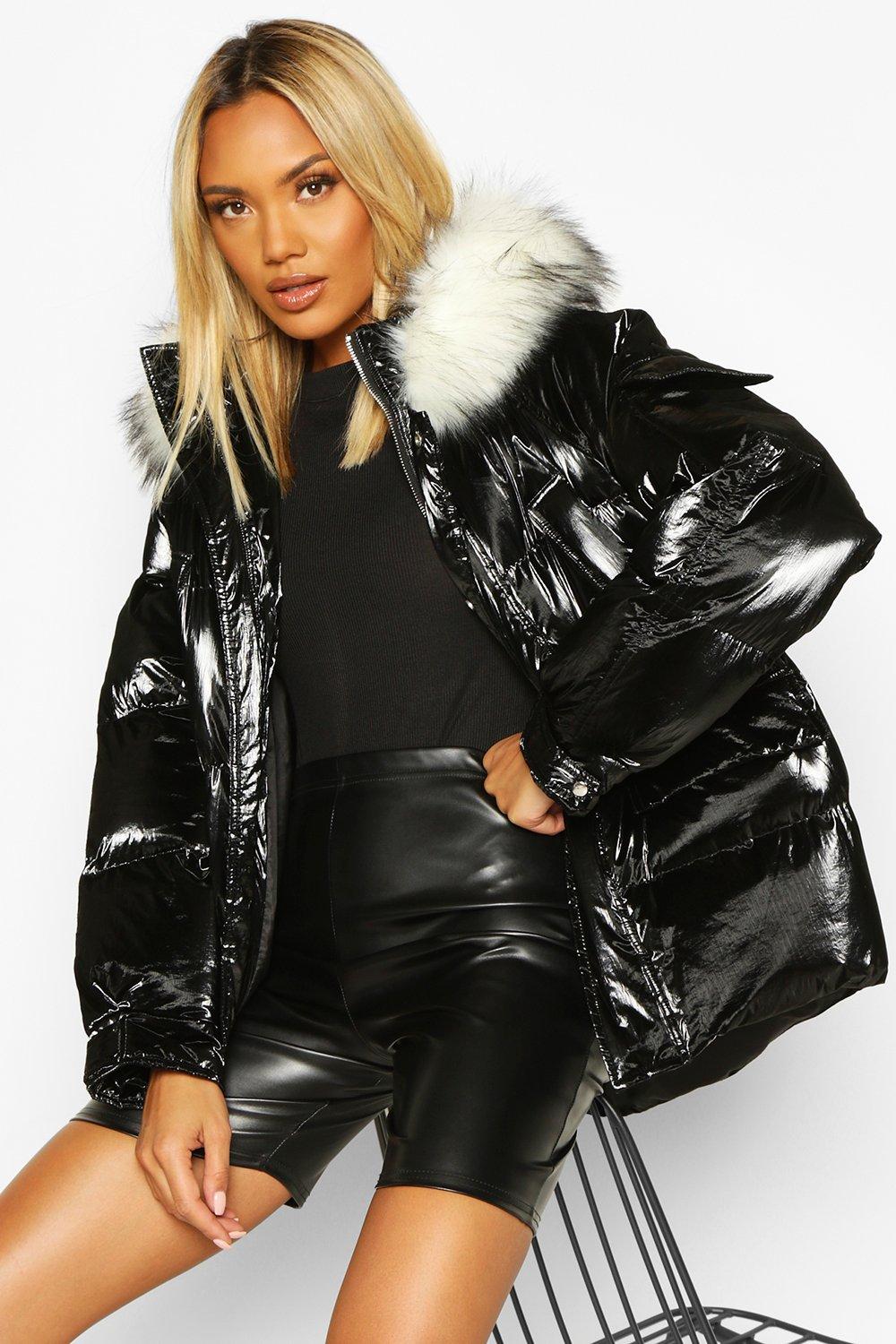 Pocket pearlescent faux store fur trim puffer