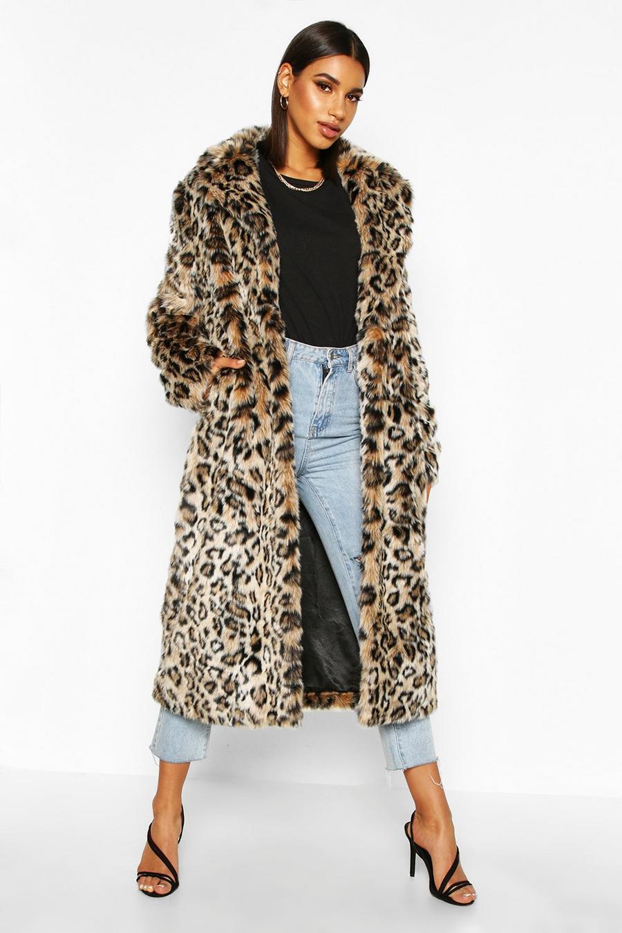 Brown Leopard Faux Fur Longline Coat image number 1