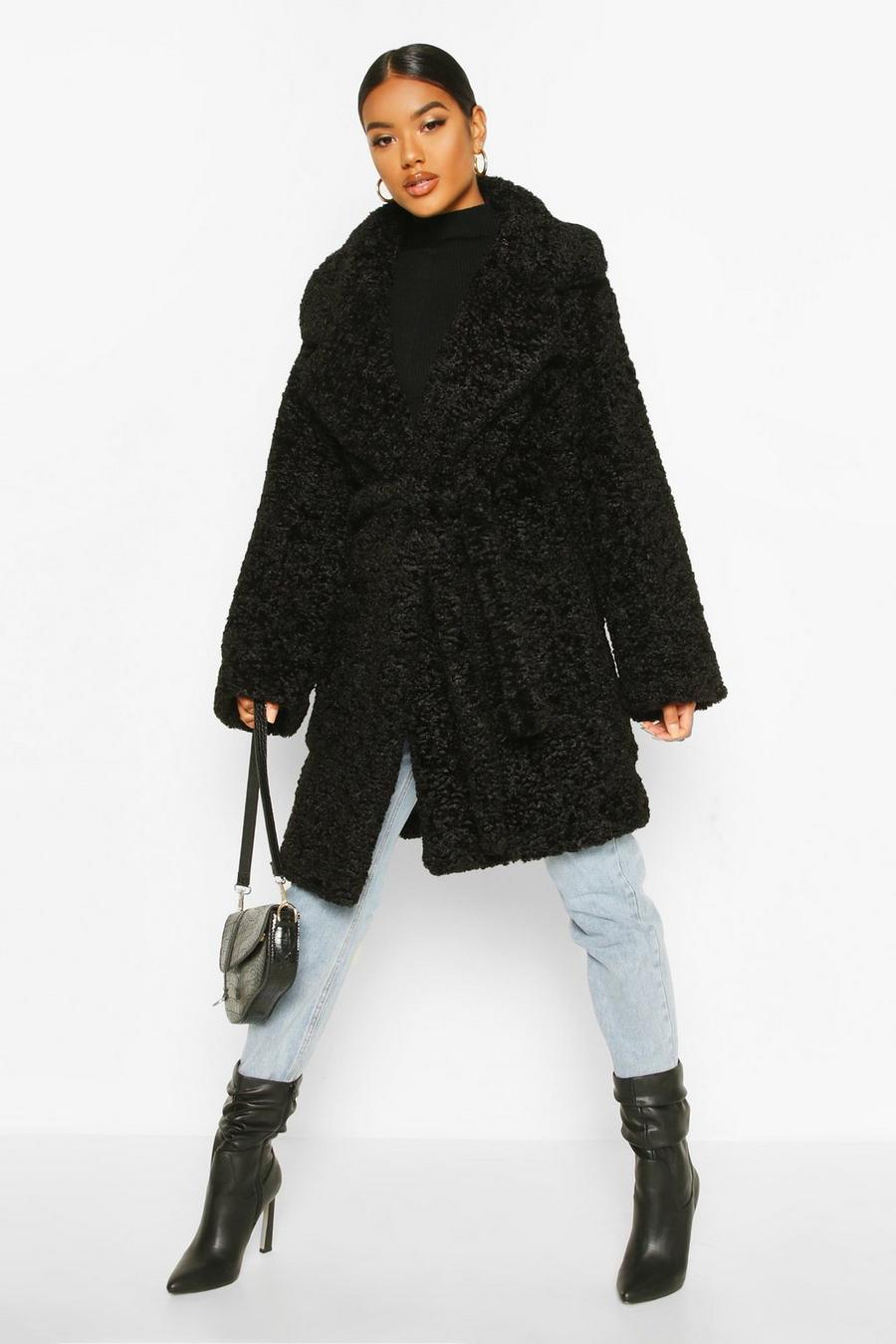 Strukturierter Fake-Fur-Mantel mit Gürtel, Schwarz image number 1