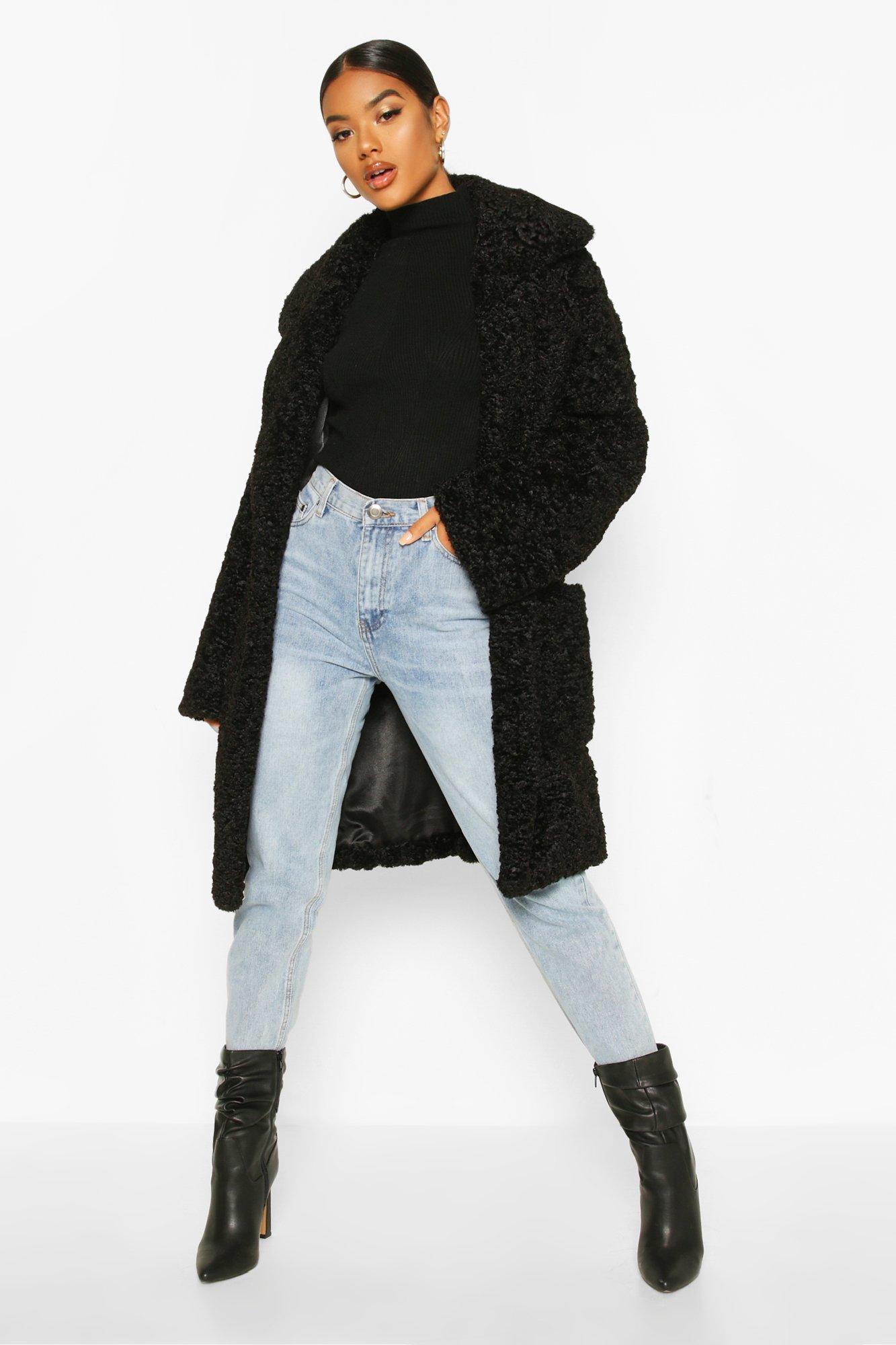 Textured Belted Faux Fur Coat