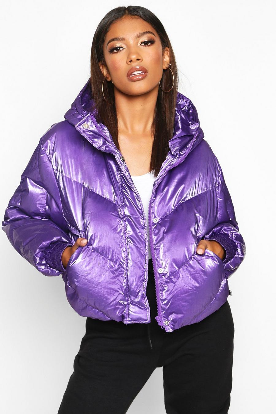 Purple Pearlescent Cropped Hooded Puffer image number 1
