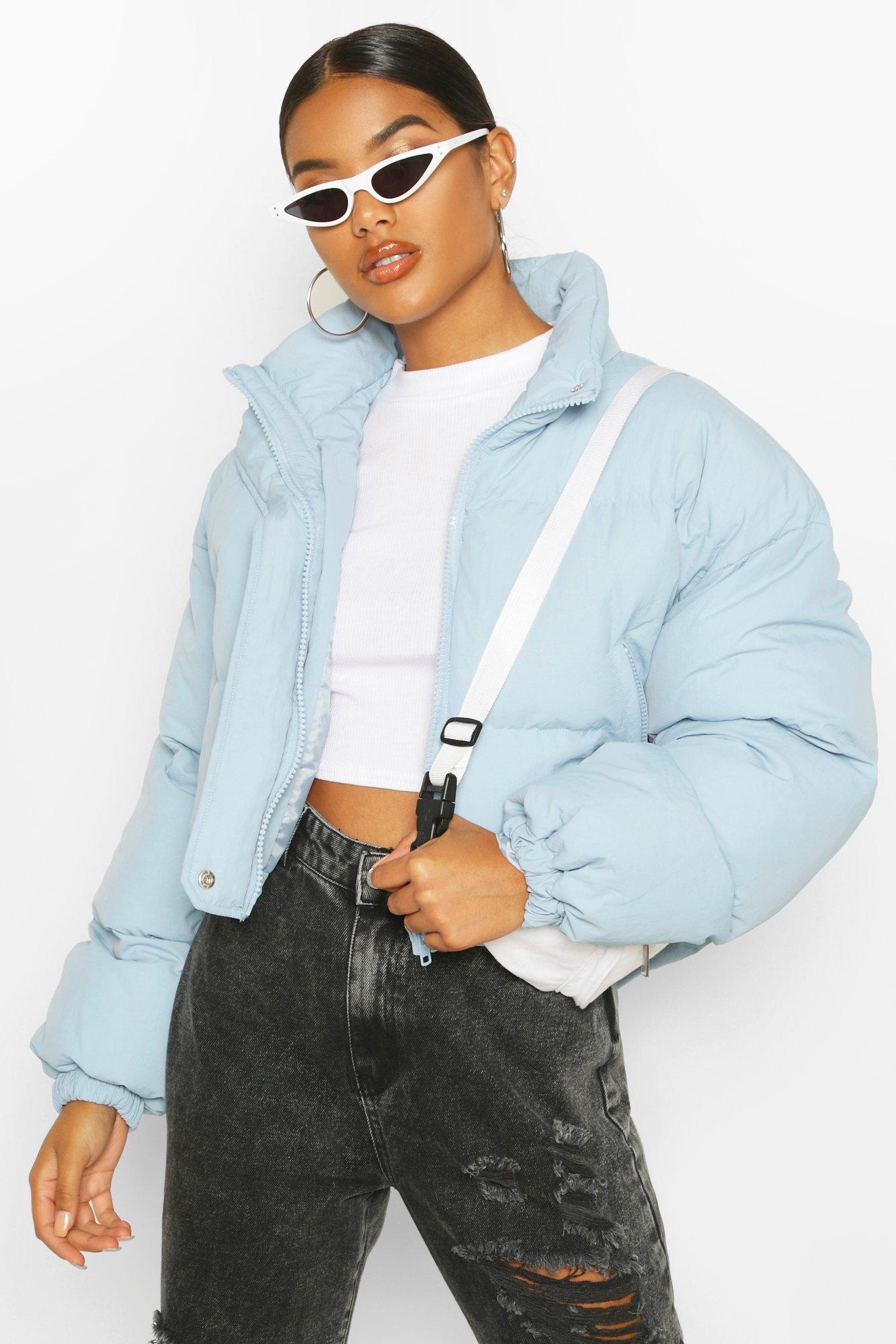 Baby blue cropped puffer jacket sale