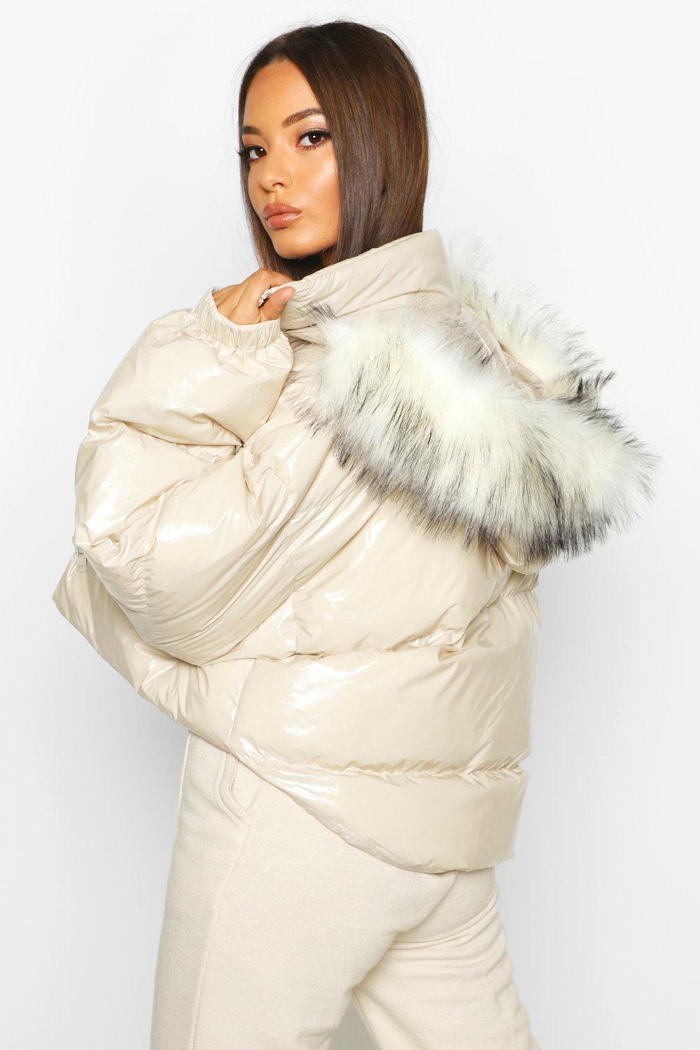 Crop vinyl faux fur trim hot sale puffer jacket