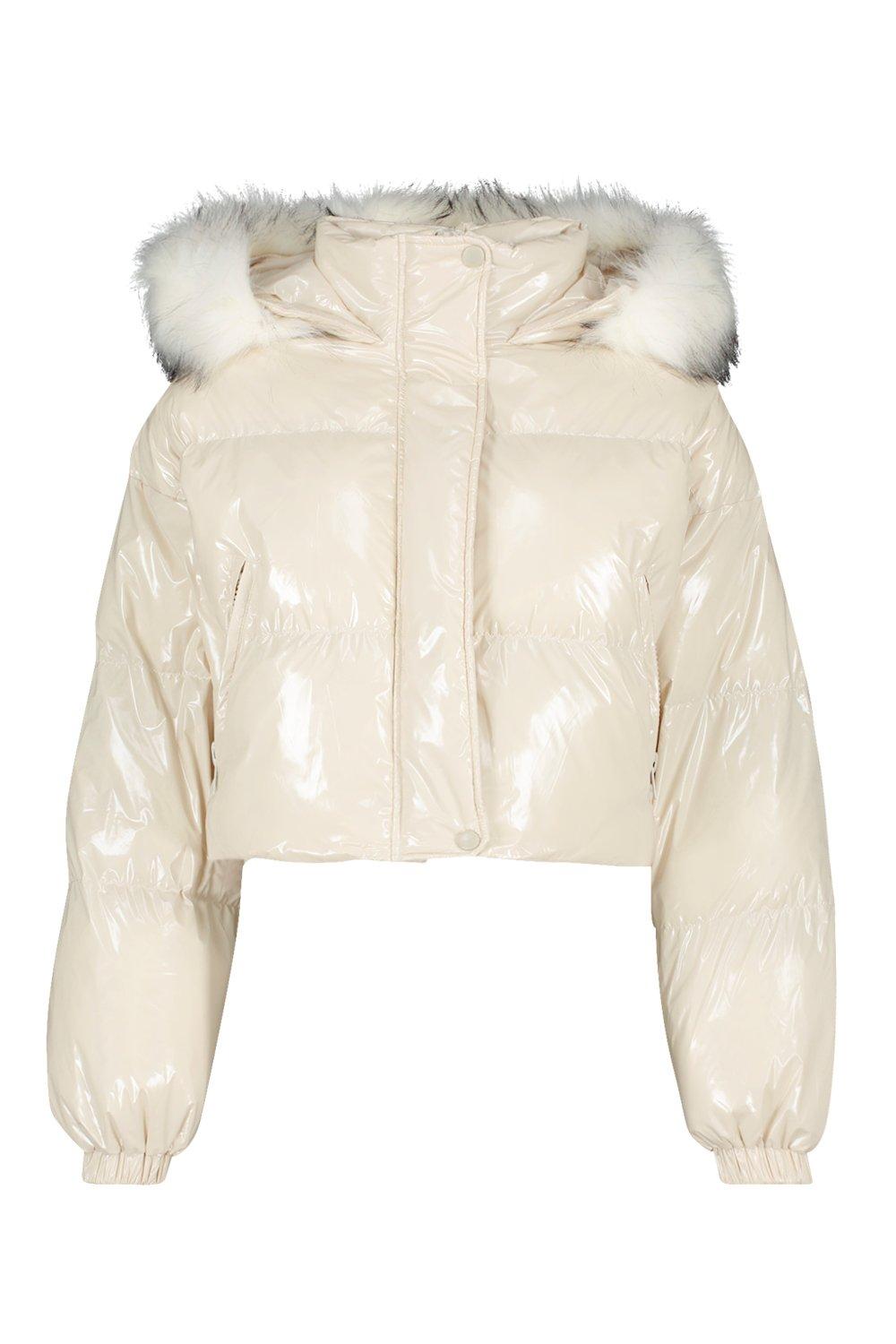 Crop vinyl faux store fur trim puffer jacket