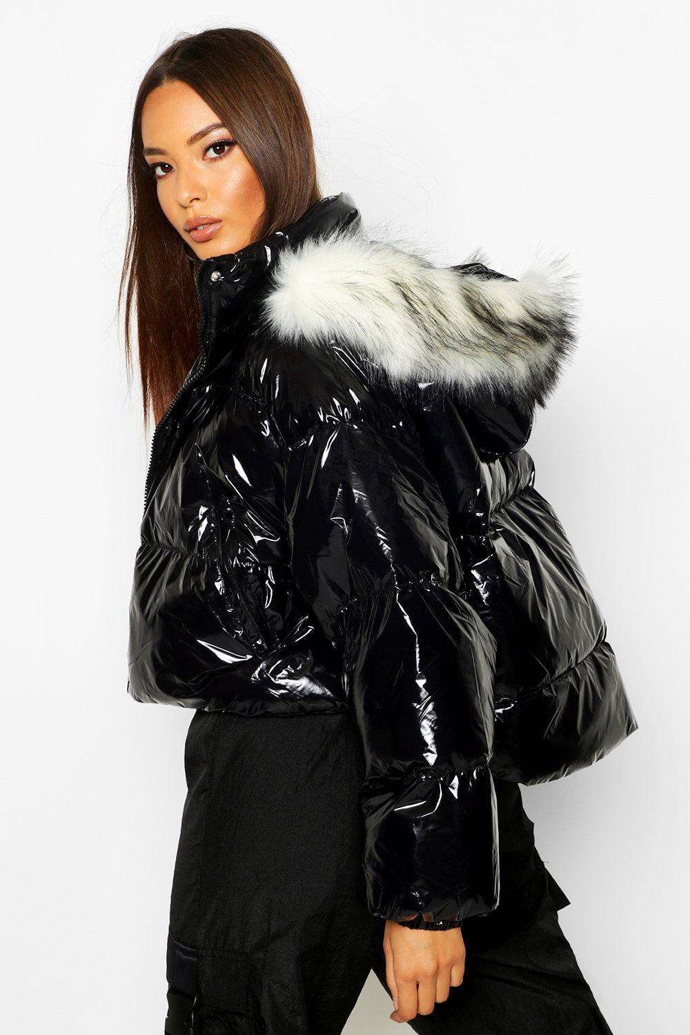 Black vinyl puffer 2025 jacket with fur hood