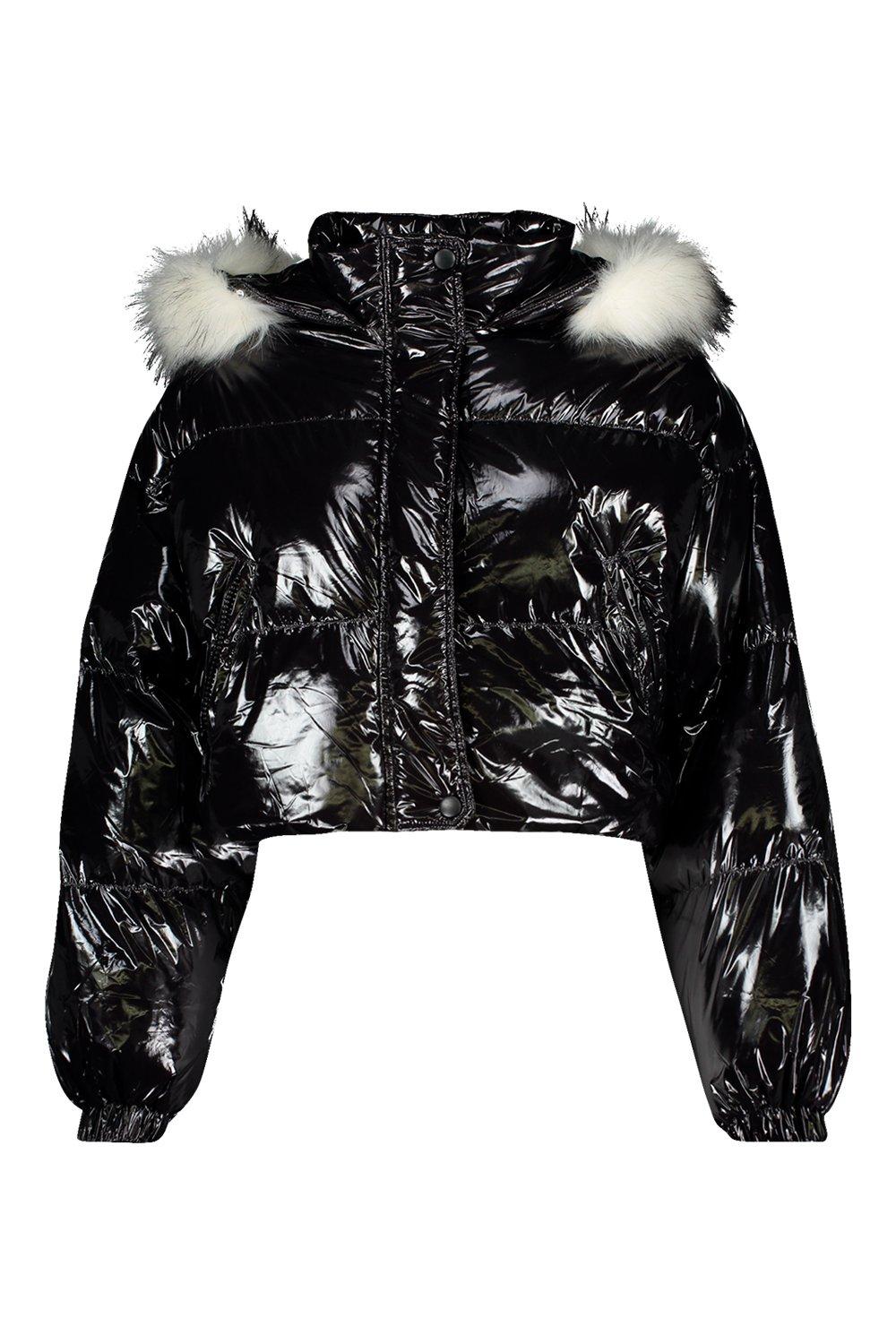 Crop Vinyl Faux Fur Trim Puffer Jacket