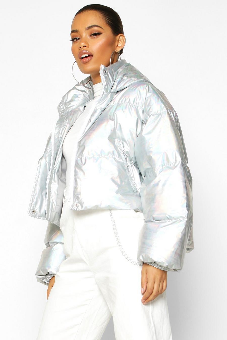 Silver Cropped Holographic Puffer Jacket image number 1
