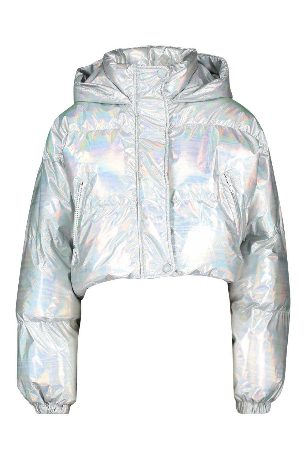 Cropped Holographic Puffer Jacket boohoo