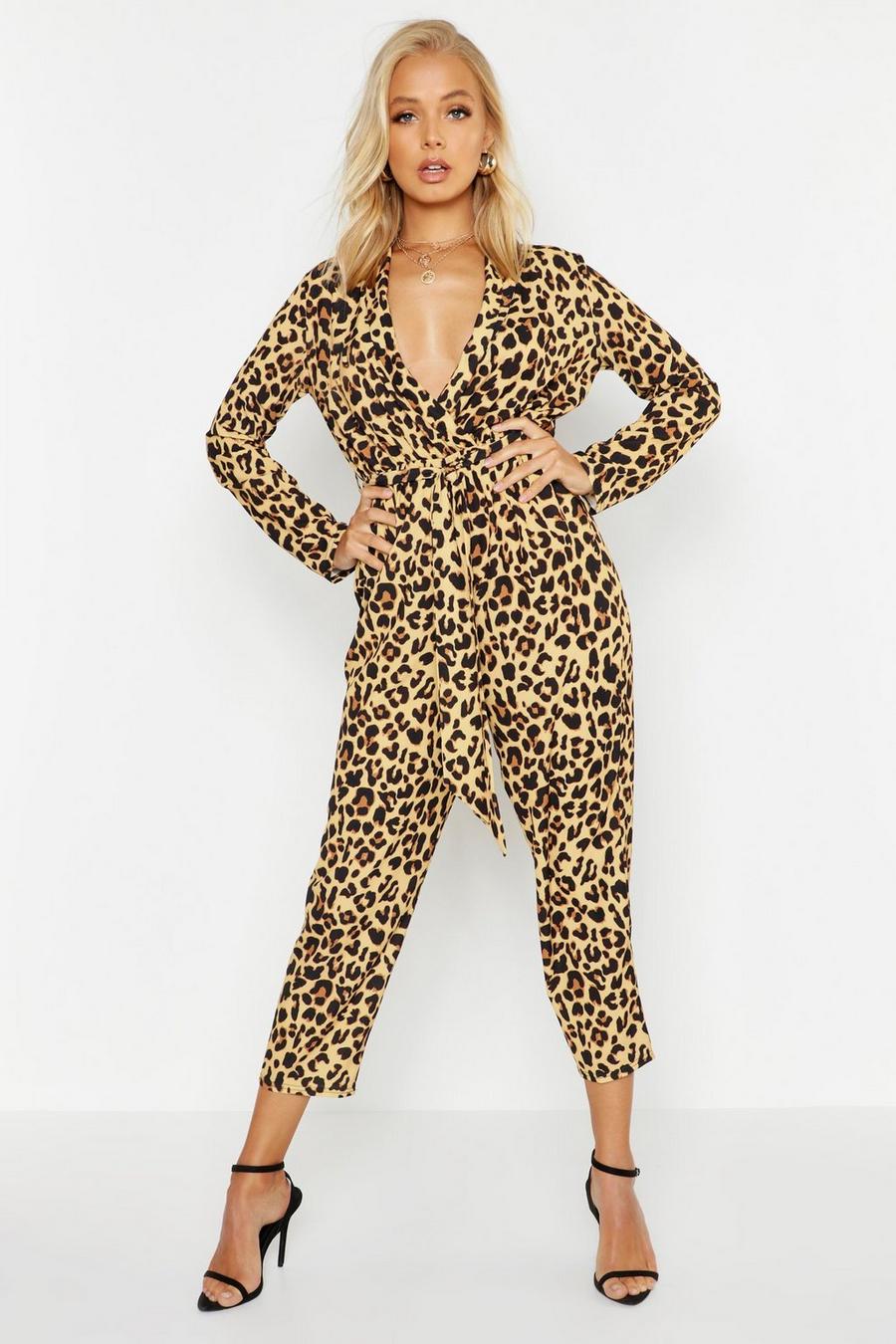 Leopard Print Collared Wrap Belted Jumpsuit image number 1