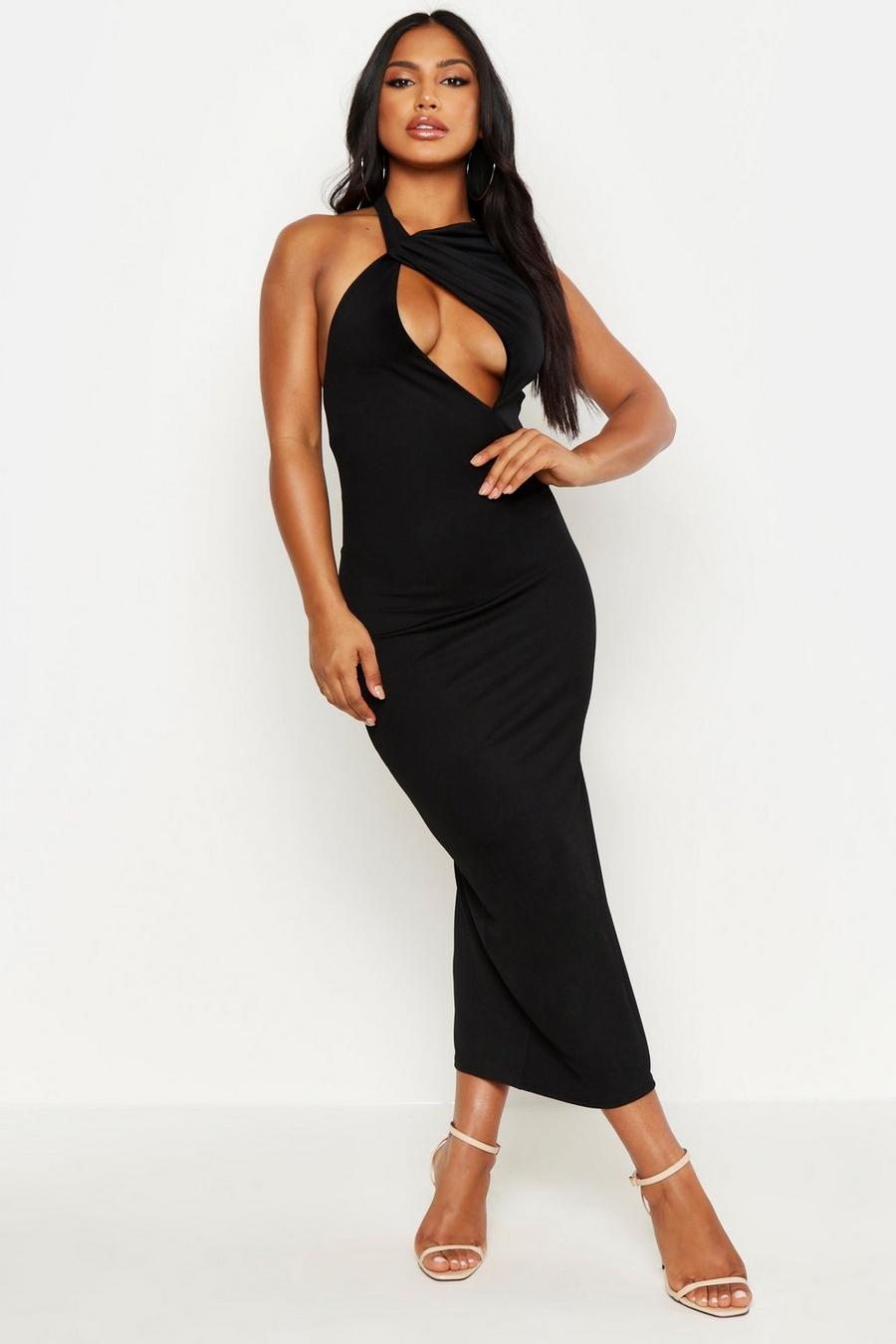 Black High Neck Cut Out Bodycon Midi Dress image number 1