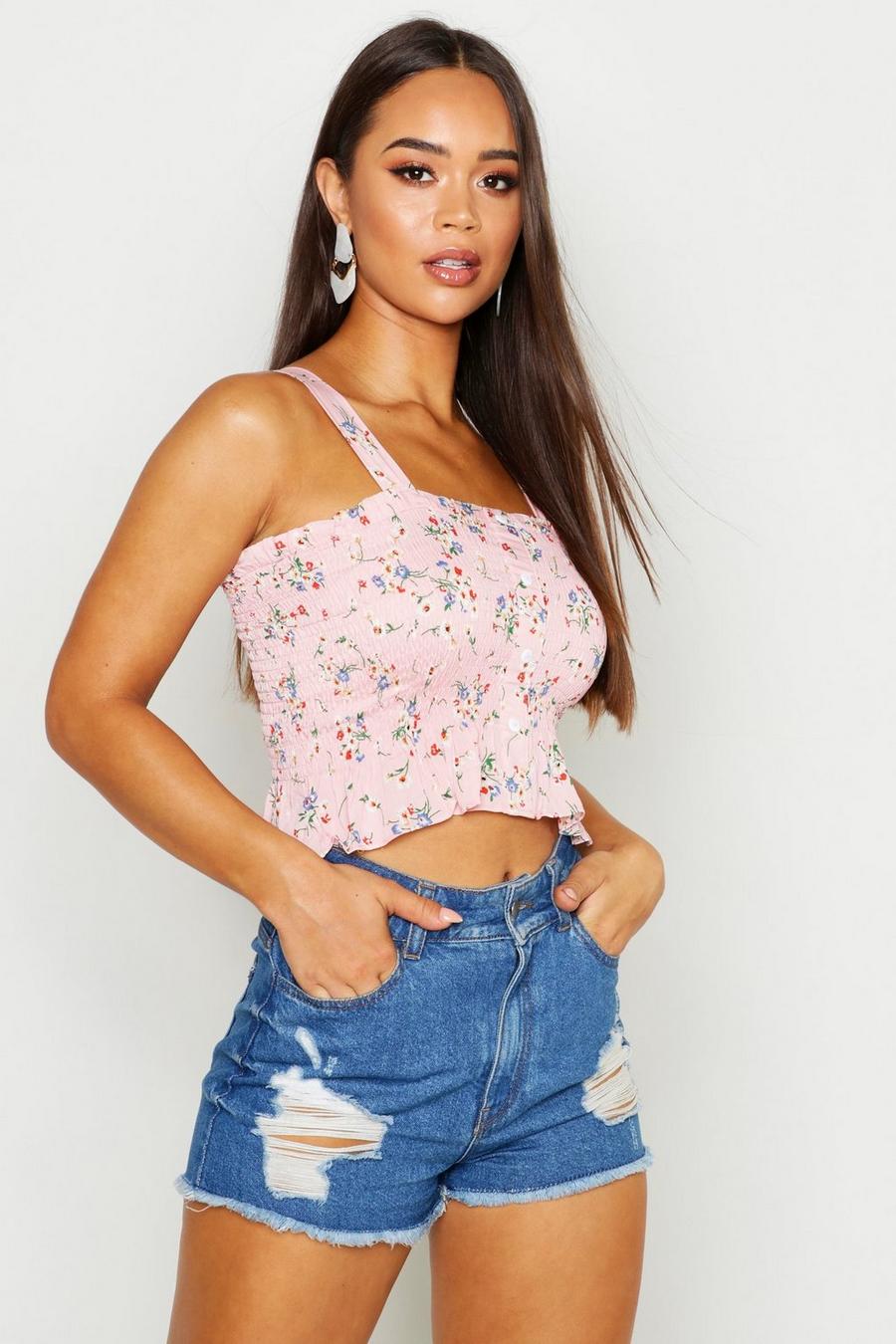 Woven Floral Shirred Crop Top image number 1