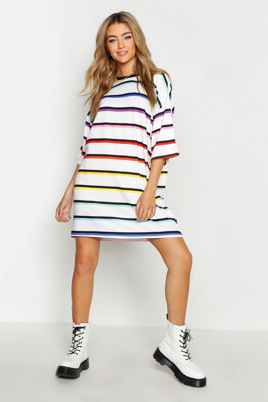 Stripe Rainbow T-Shirt Dress, White image number 1