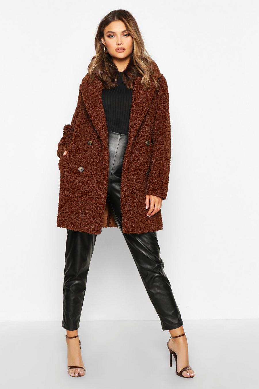 Chocolate Double Breasted Bonded Faux Fur Teddy Coat image number 1