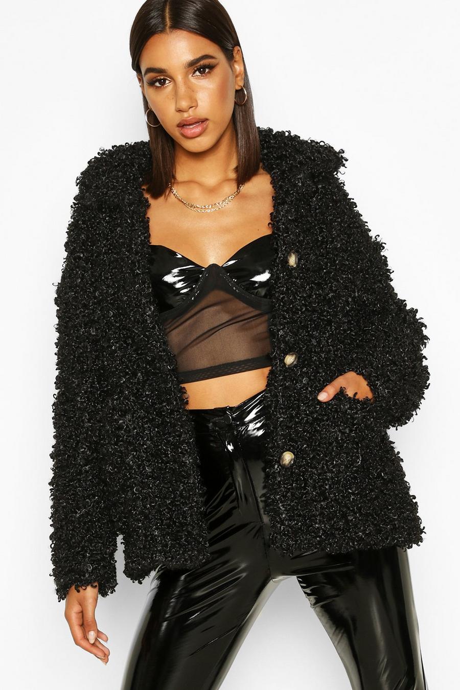 Black Premium Button Through Curly Teddy Faux Fur Jacket image number 1
