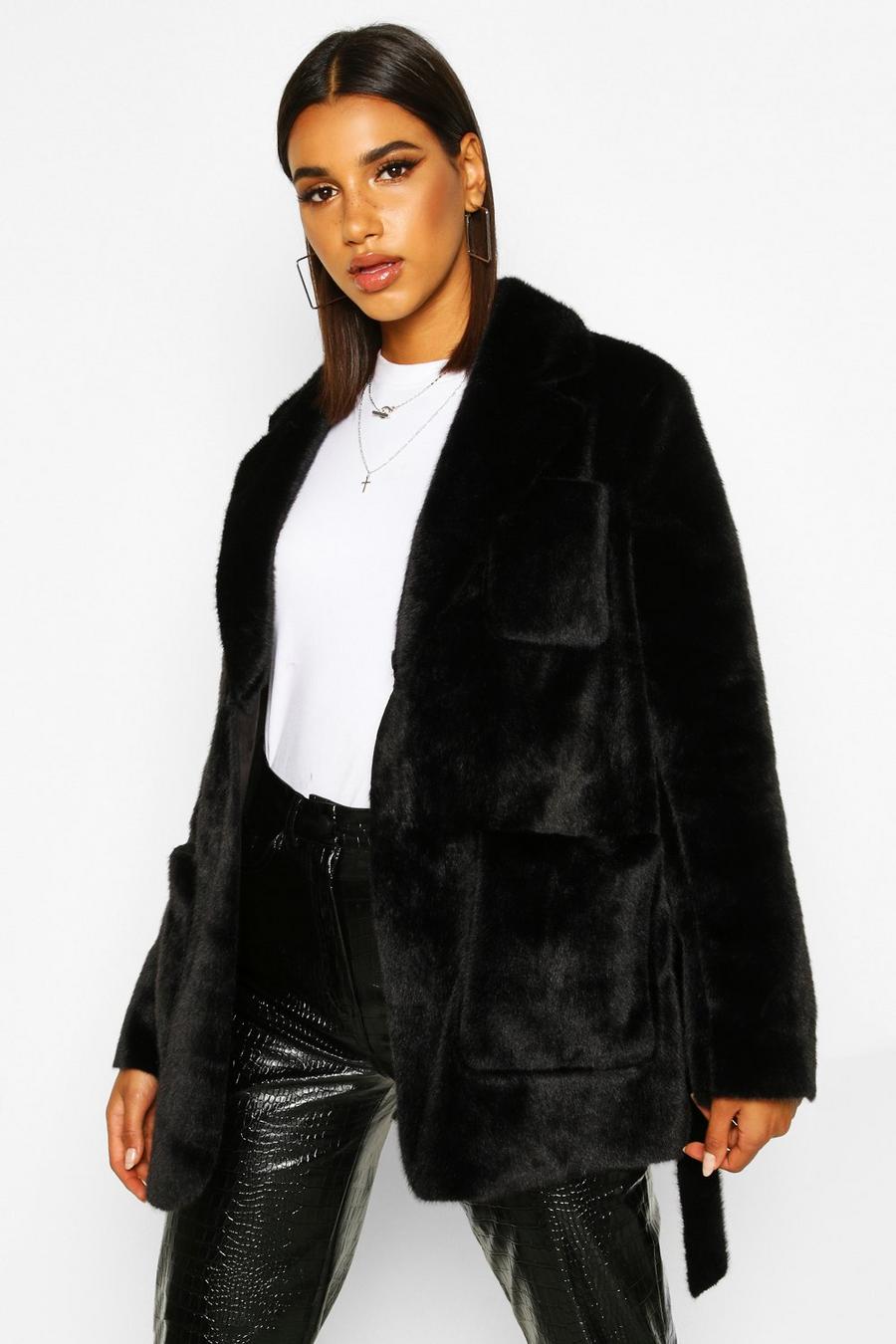 Faux Suede Lined Faux Fur Belted Wrap Coat image number 1