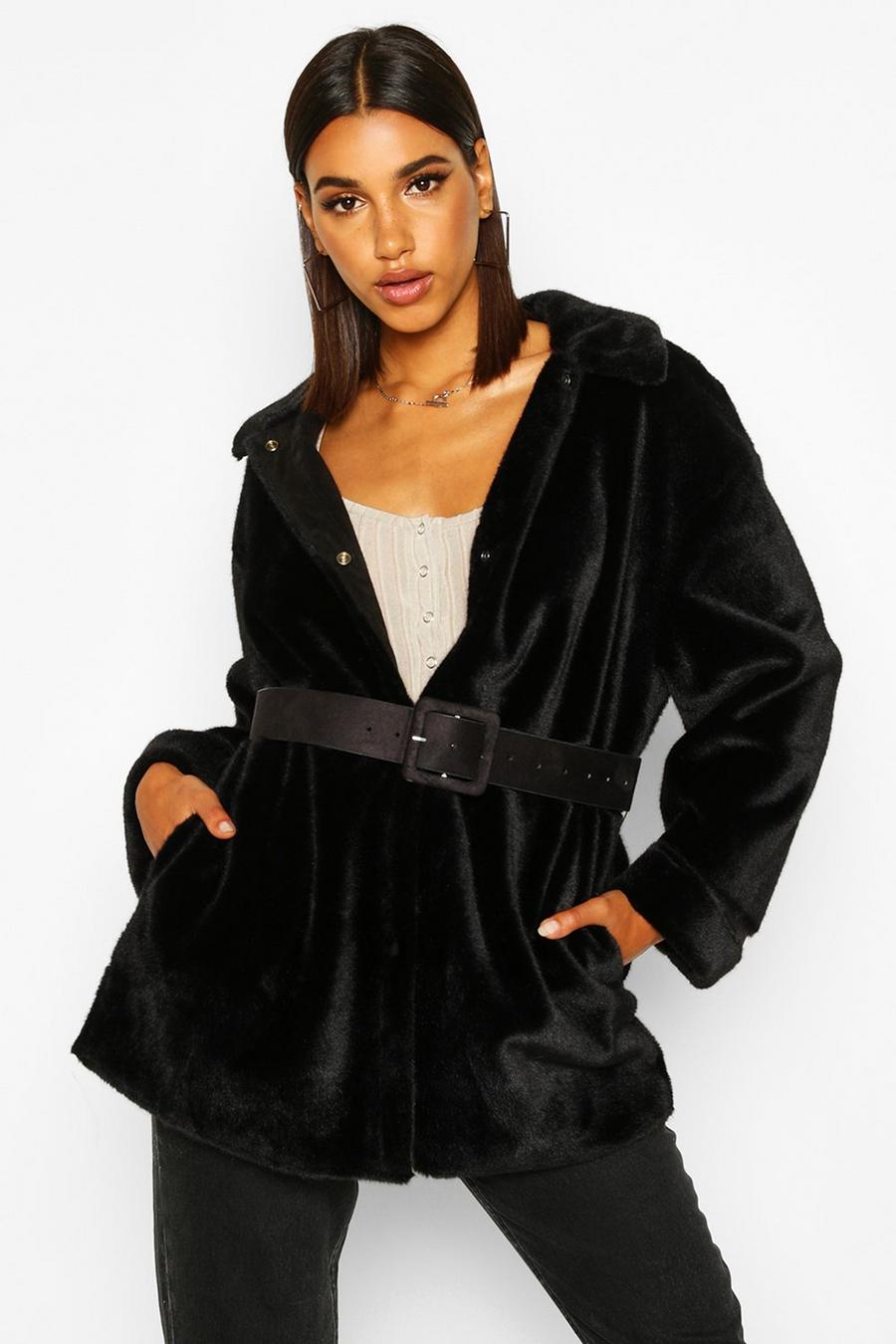 Black Belted Faux Suede Lined Faux Fur Coat image number 1