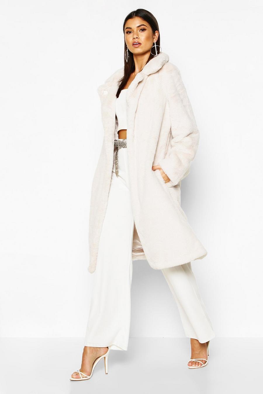 Cappotto con colletto in pelliccia sintetica e cintura, Crema image number 1