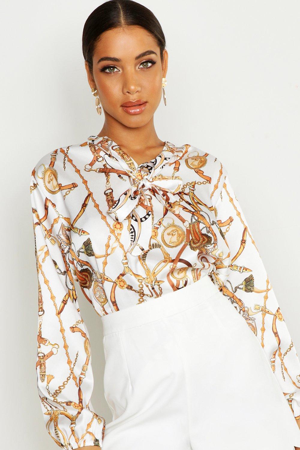 Women's White & Gold Chains Print Pussybow Blouse