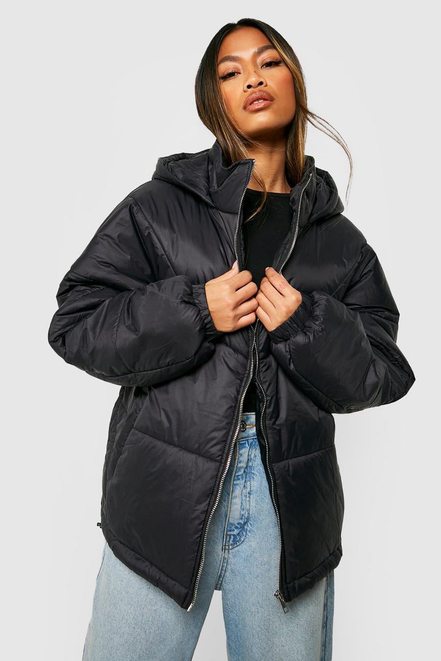 Black Hooded Quilt Detail Puffer Jacket
