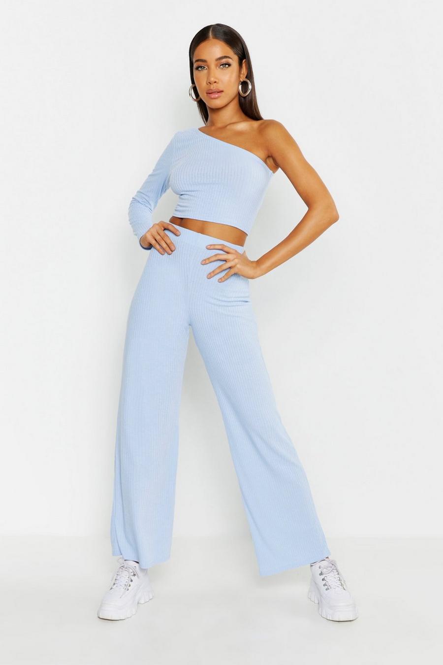 Cornflower blue One Shoulder Ribbed Top & Pants Two-Piece image number 1