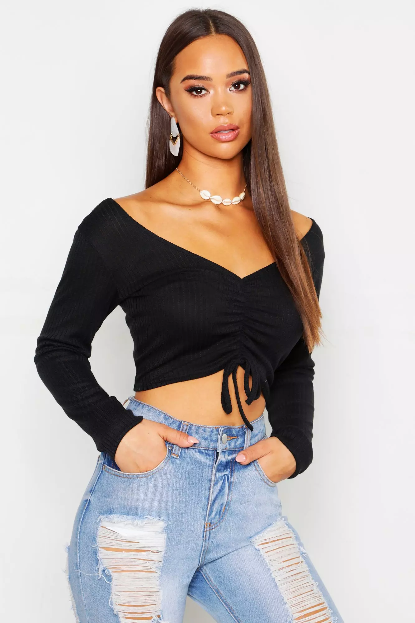 Black ruched sale crop top