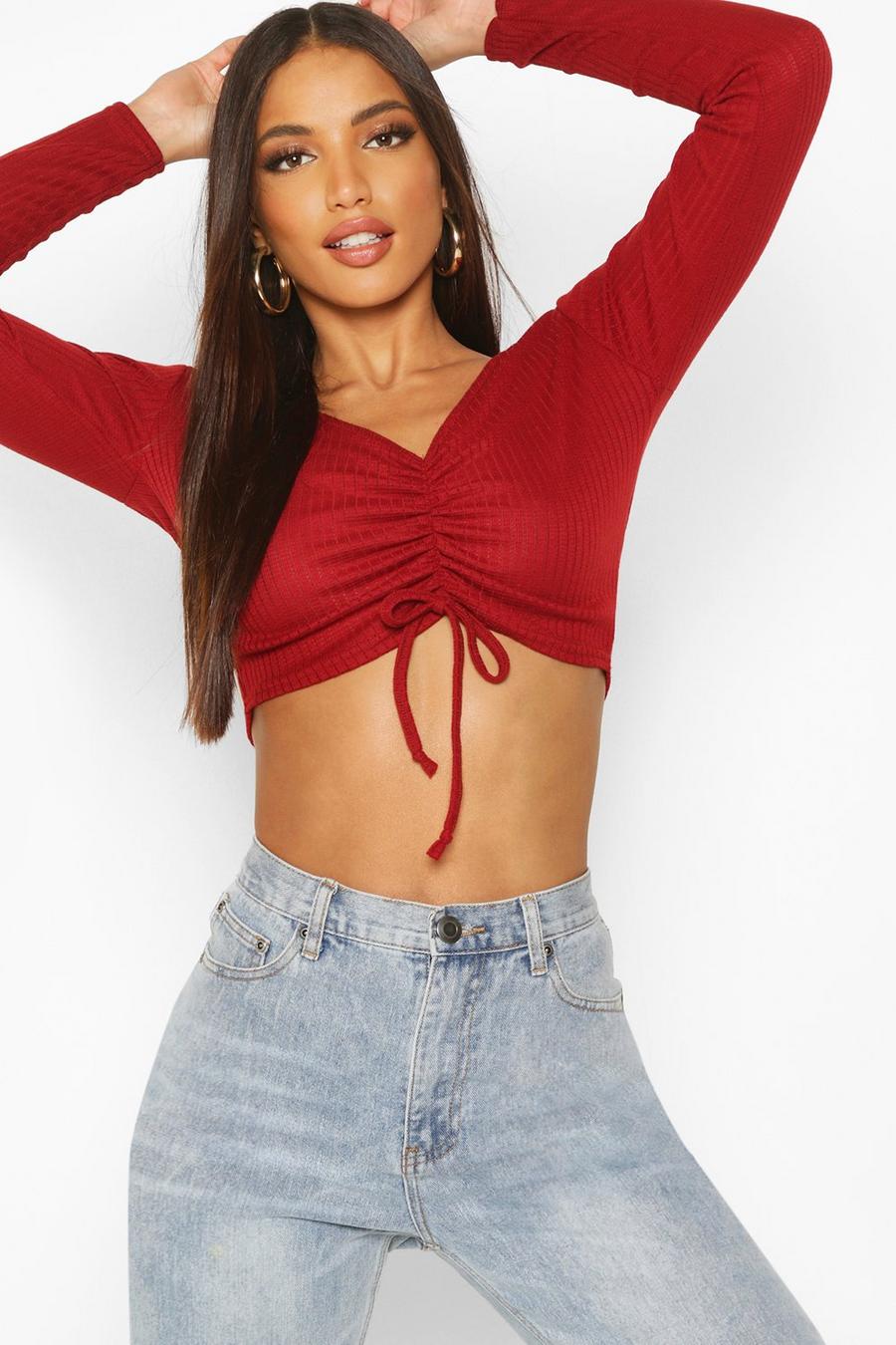 Wine Ribbed Ruched Crop Top image number 1