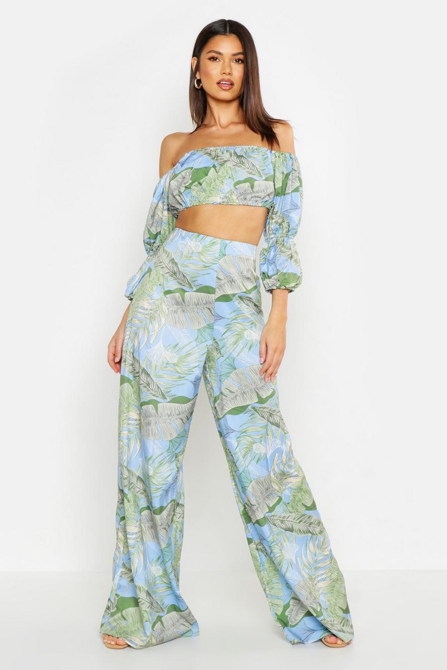 Blue Tropical Print Wide Leg Trouser image number 1