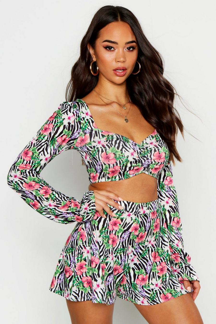 Floral Volume Sleeve Tie Detail Top & Short Two-Piece image number 1