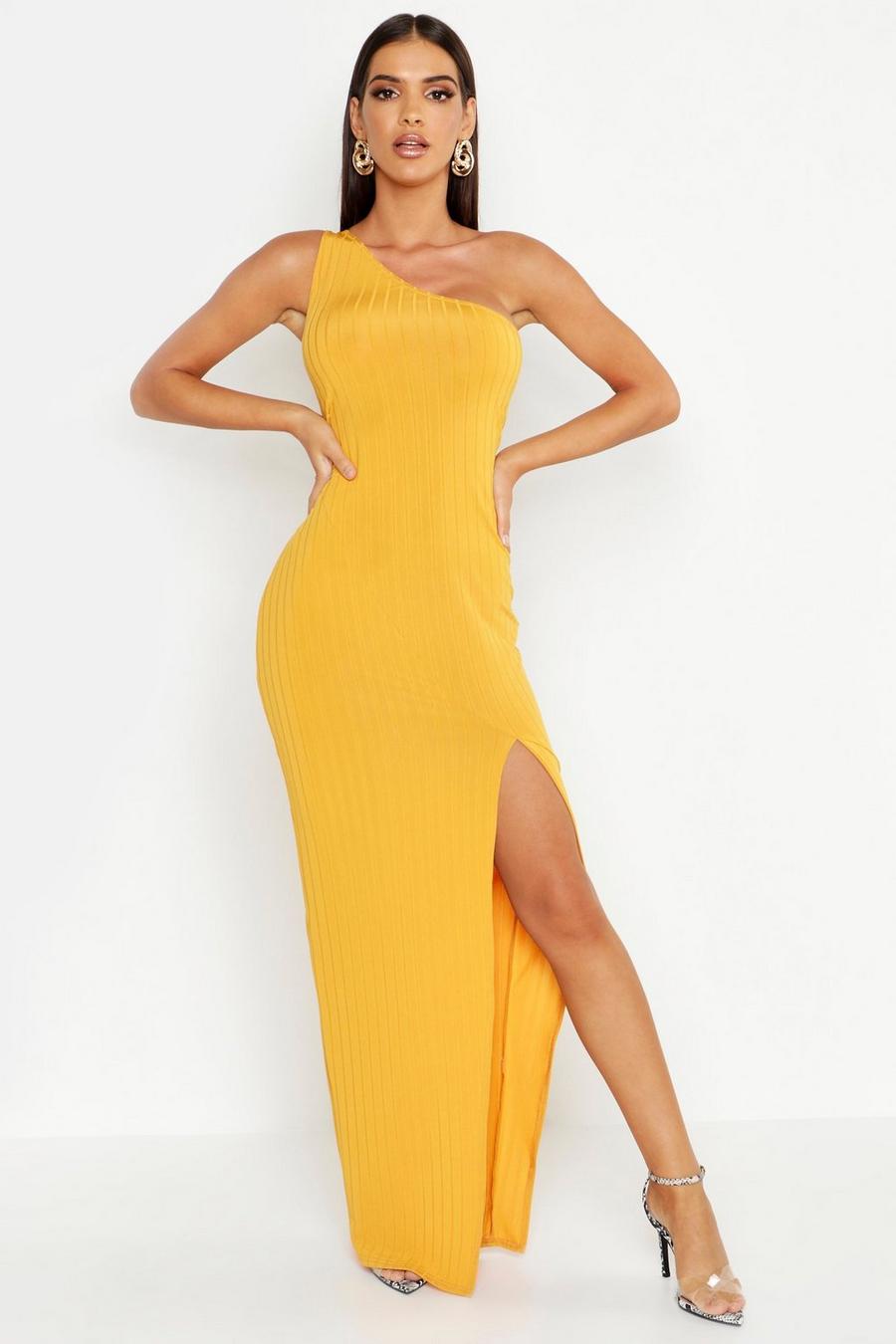 Mustard Ribbed One Shoulder Maxi Dress image number 1