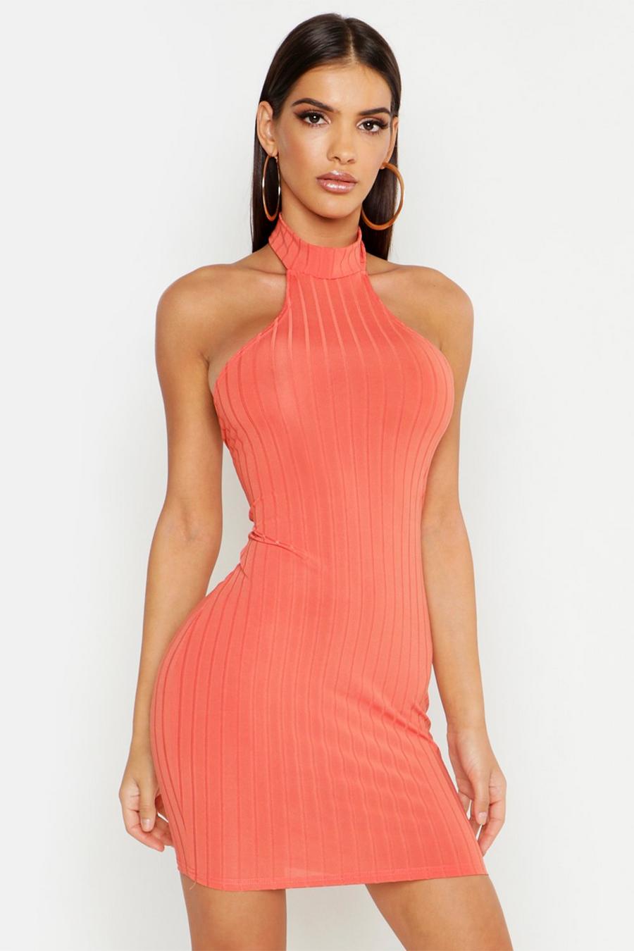 Coral Ribbed Racer Neck Bodycon Mini Dress image number 1