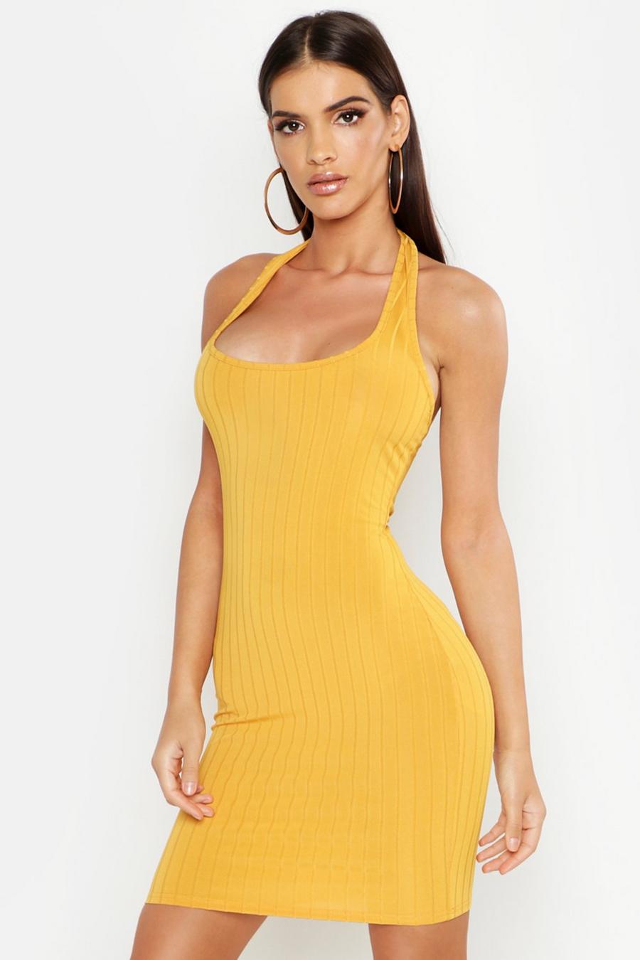 Mustard Ribbed Halter Neck Strappy Mini Bodycon Dress image number 1