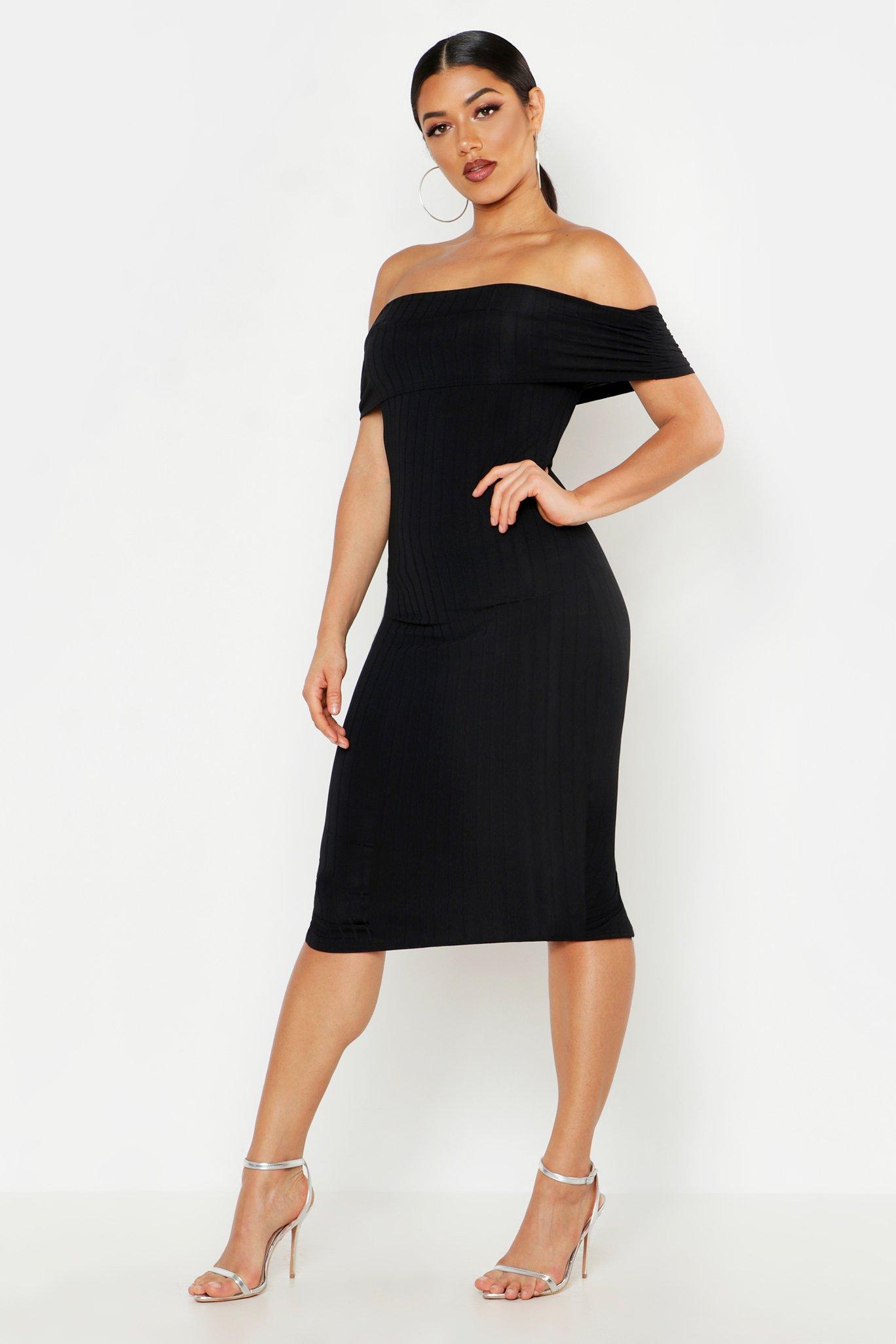 off shoulder ribbed midi dress