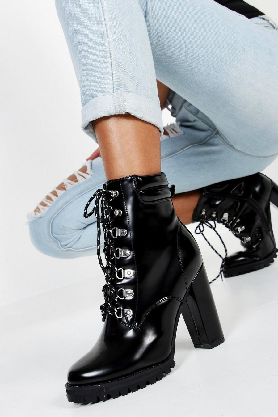 Black Lace Up Heeled Combat Boots image number 1