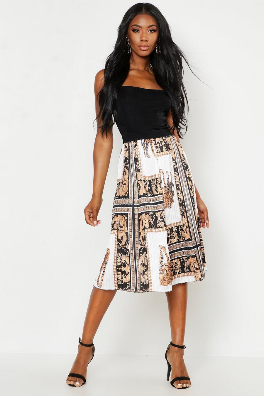 Woven Pleated Chain Print Midi Skirt image number 1