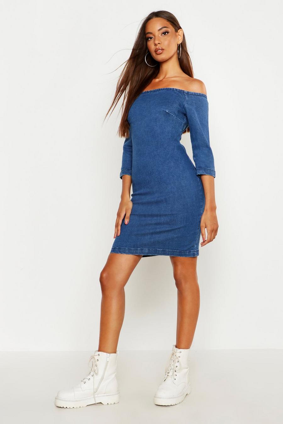 Mid blue Off The Shoulder Bodycon Dress image number 1