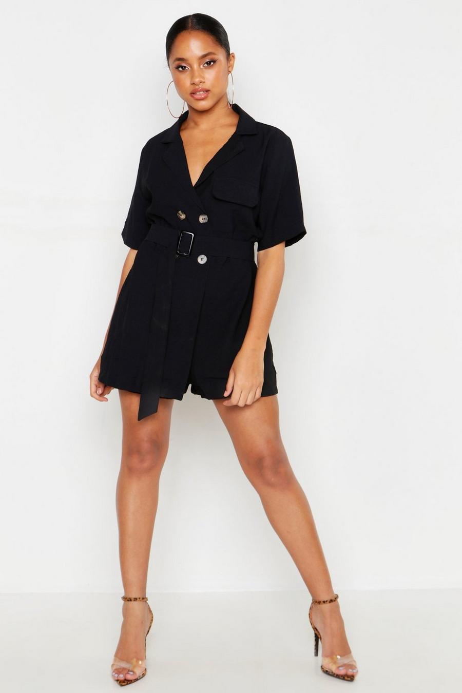 Linen Contrast Stitch Collared Romper image number 1