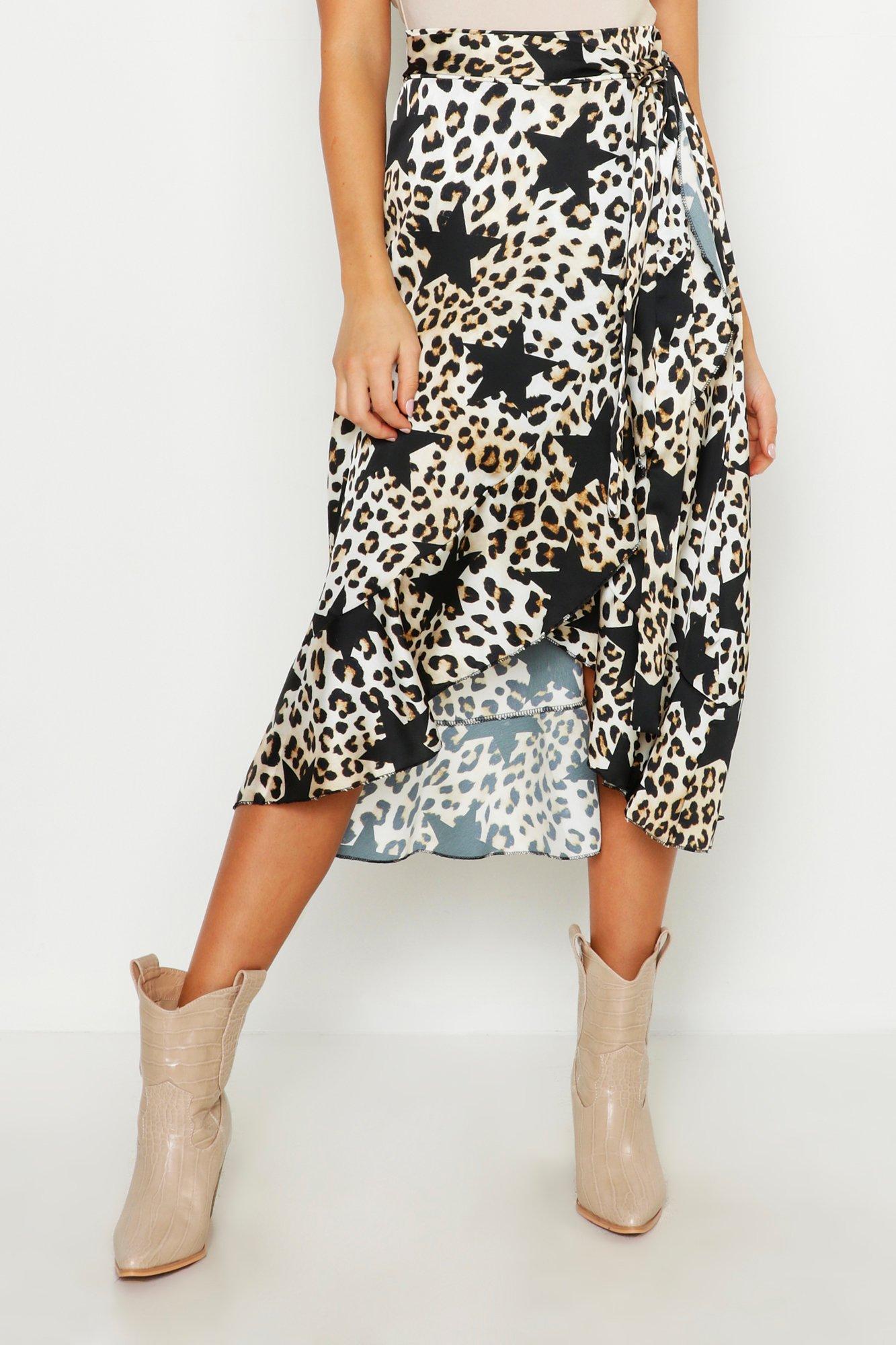 Ruffle Wrap Satin Star Print Skirt