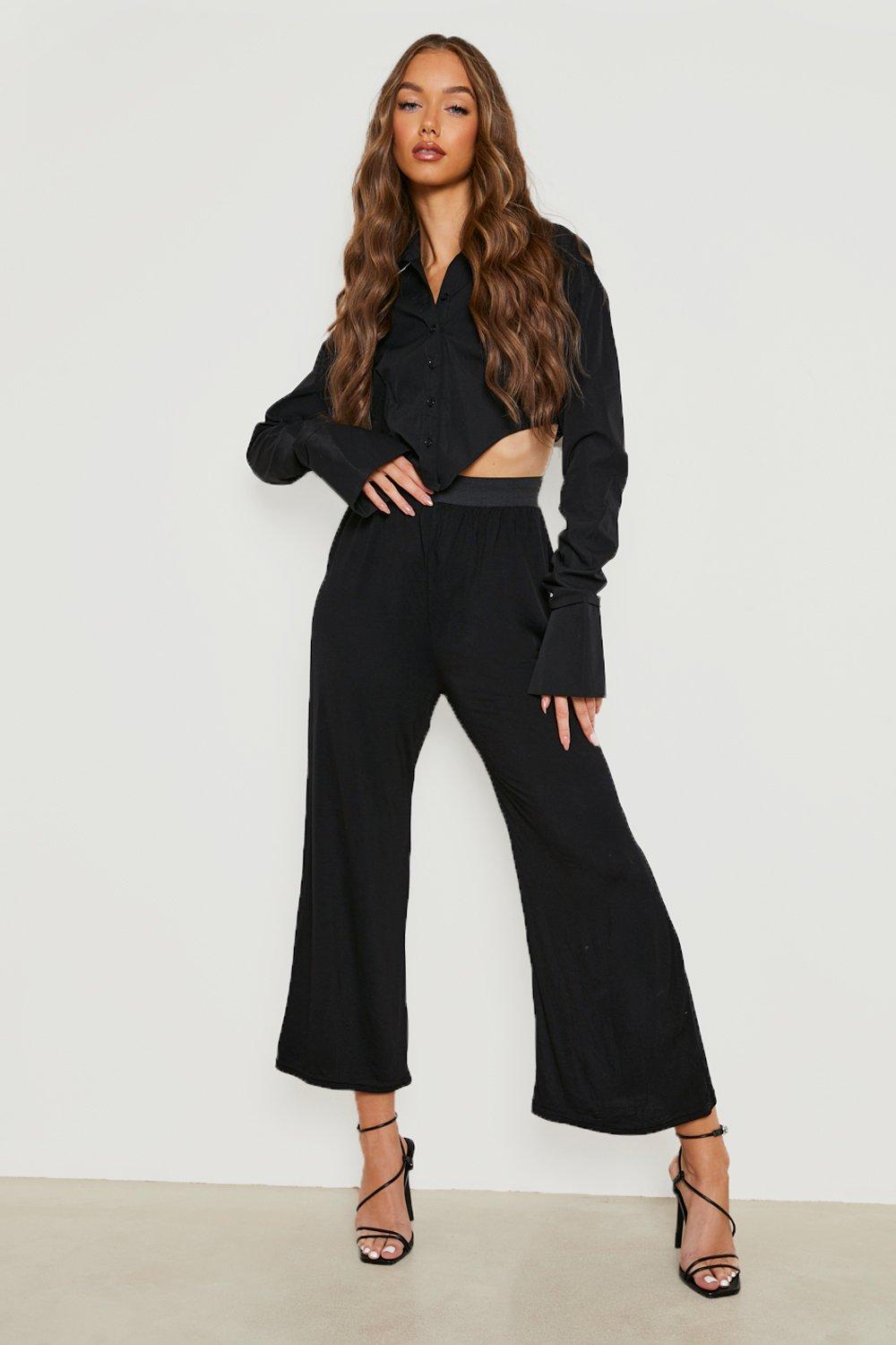 High Waist Black Basic Wide Leg Jersey 